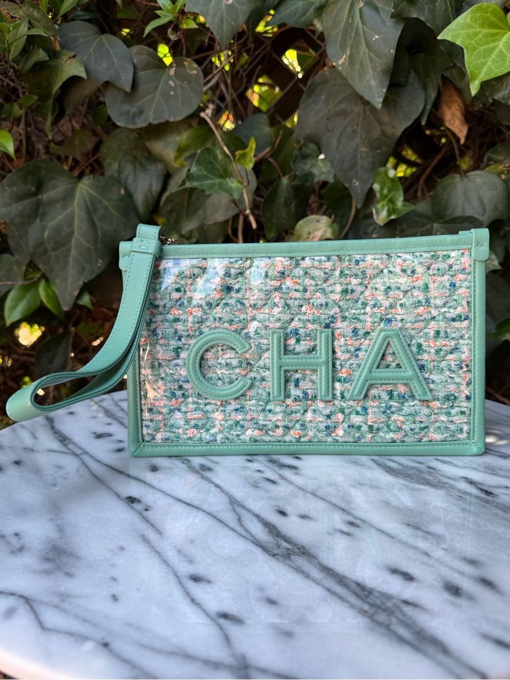 2019 Chanel Mint Green Lambskin PVC Tweed Wristlet Clutch